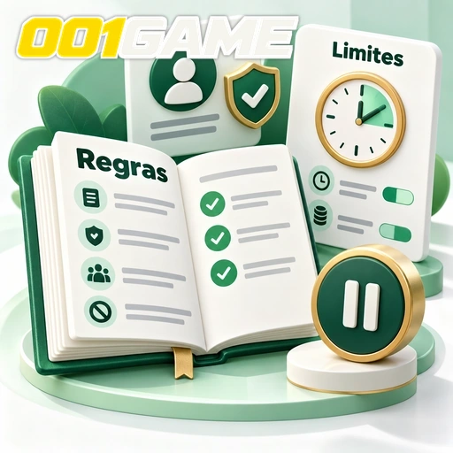 001GAME — ilustração de regras de uso com lista, limites de tempo e símbolo de pausa