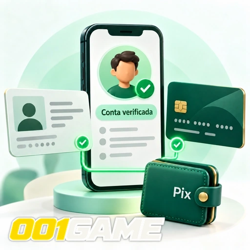 001GAME — ilustração de verificação de conta com documento de identidade, cartão e carteira Pix